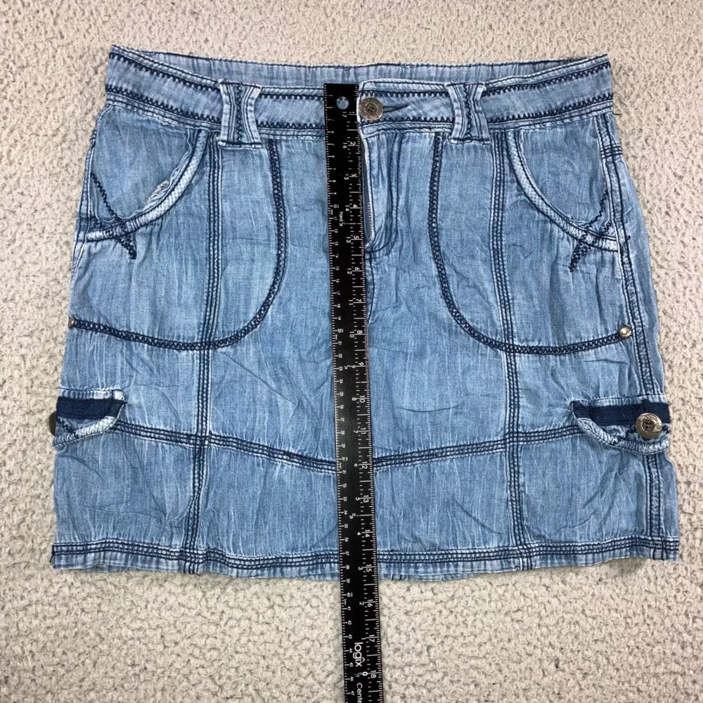 Vtg Denim Mini Skirt Women 32 Blue Contrast Stitch Paneled Y2K Boho 90s Festival